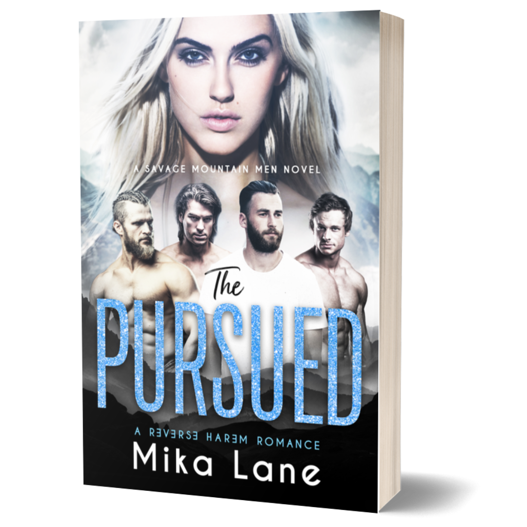 Book cover of 'The Pursued' by Mika Lane featuring a woman and four men.